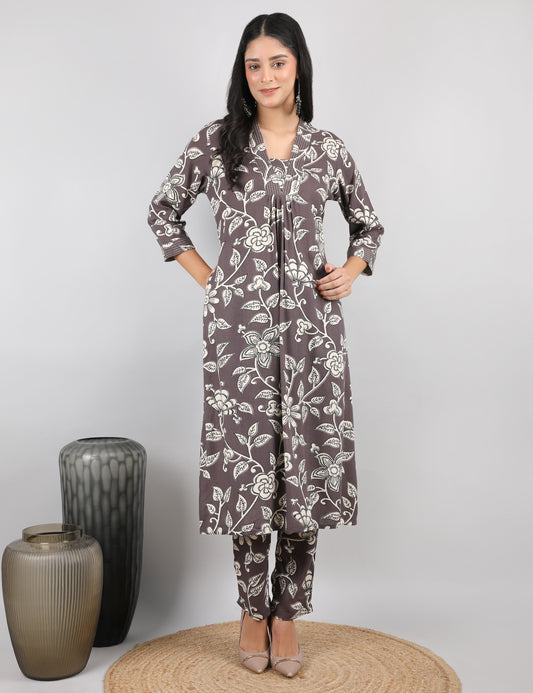 COTTON PRINT KURTA SET MUSHROOM BROWN