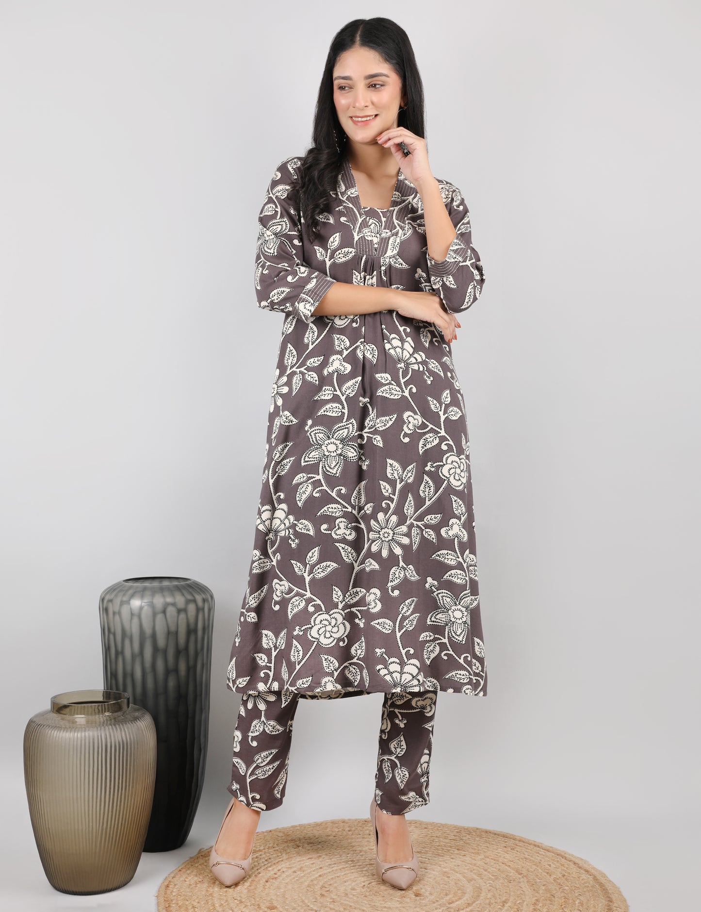 COTTON PRINT KURTA SET MUSHROOM BROWN