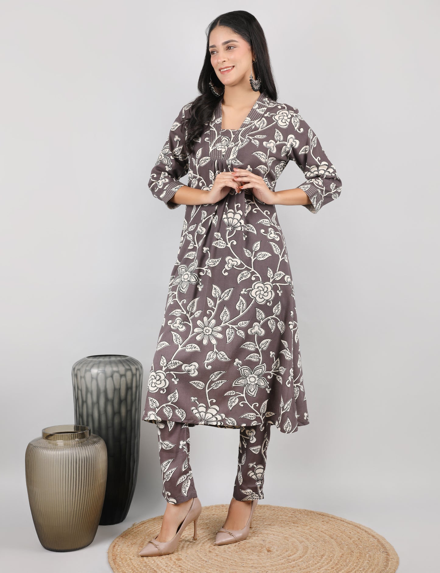 COTTON PRINT KURTA SET MUSHROOM BROWN