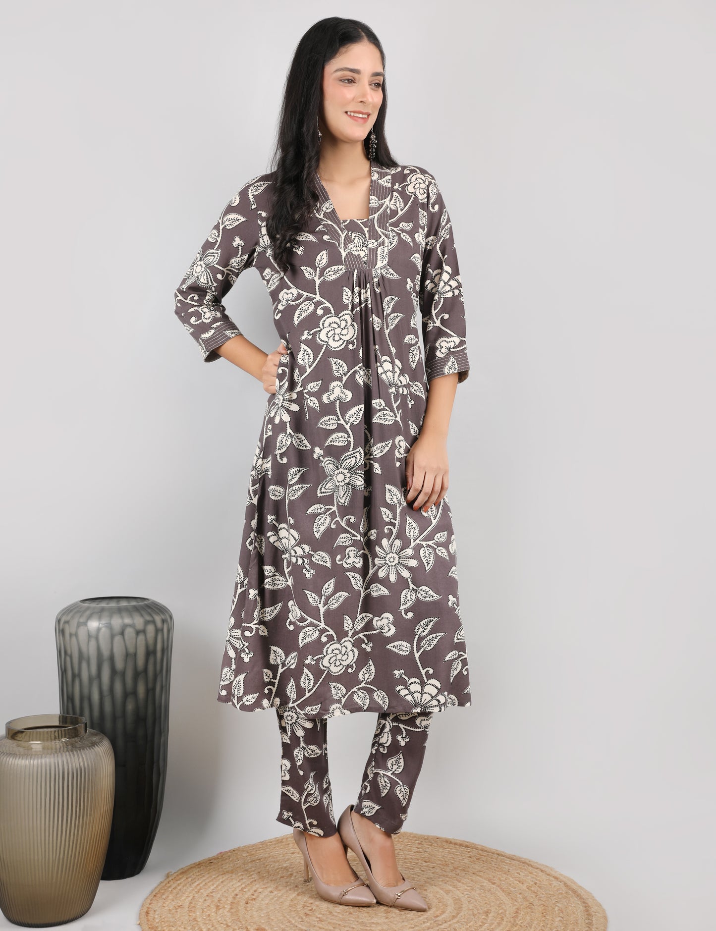 COTTON PRINT KURTA SET MUSHROOM BROWN
