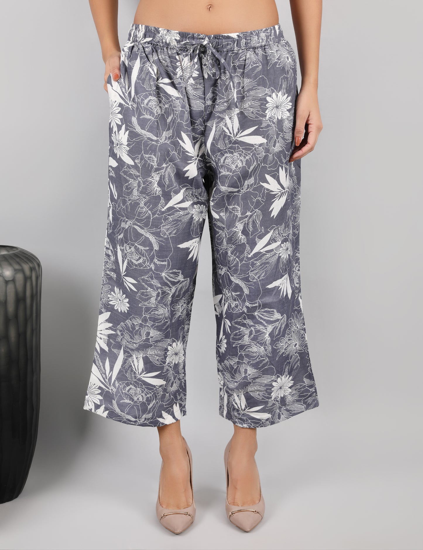 GREY PRINTED COTTON SHIRT COLLAR FRONT OPEN WITH BUTTONS KURTA SET