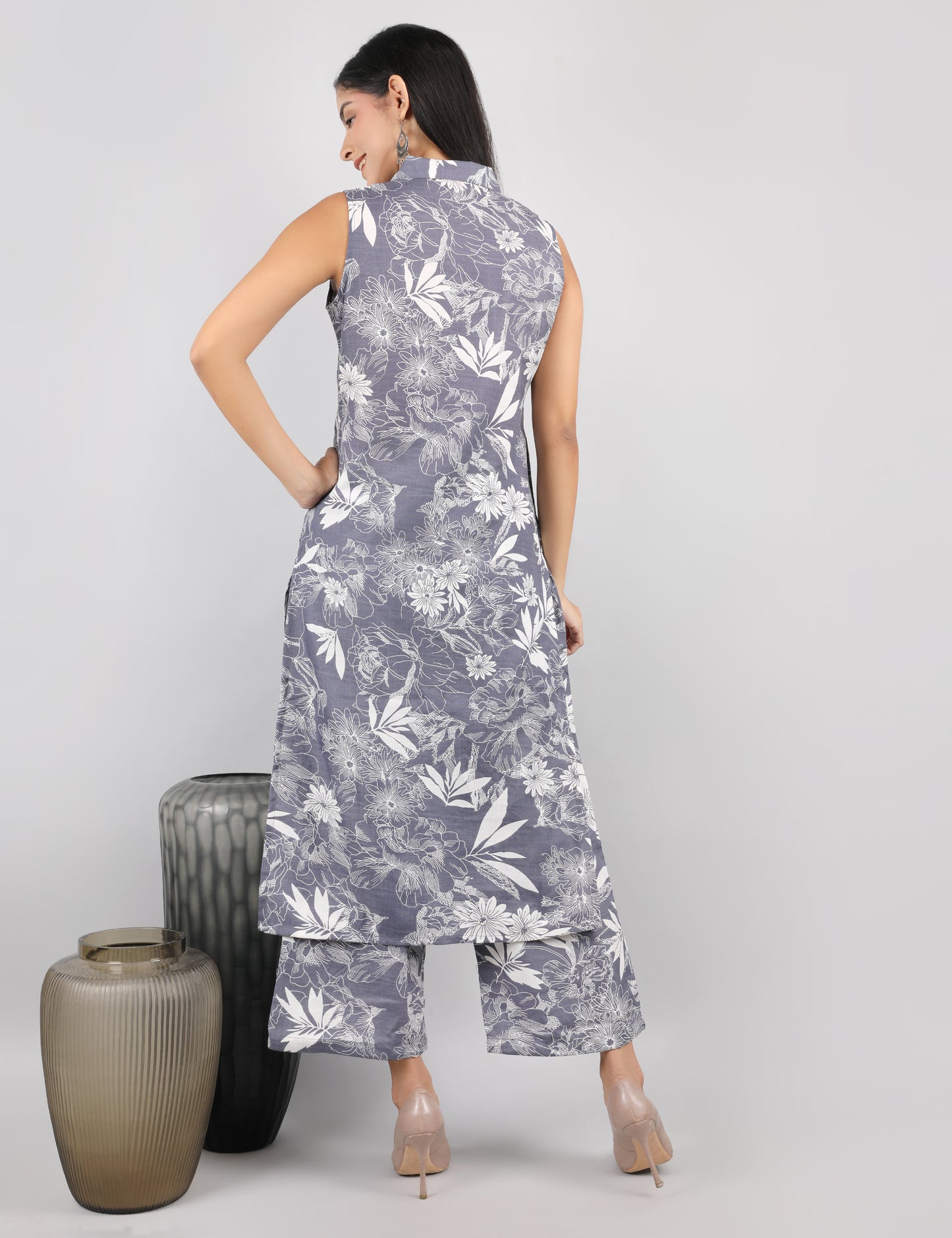 GREY PRINTED COTTON SHIRT COLLAR FRONT OPEN WITH BUTTONS KURTA SET