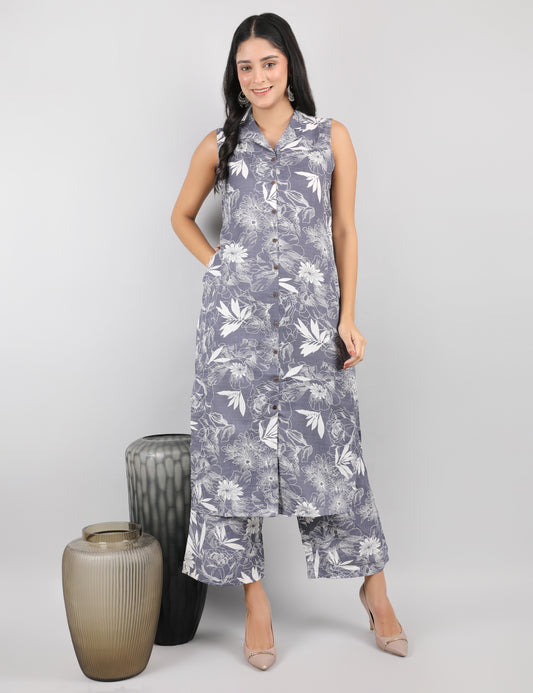 GREY PRINTED COTTON SHIRT COLLAR FRONT OPEN WITH BUTTONS KURTA SET