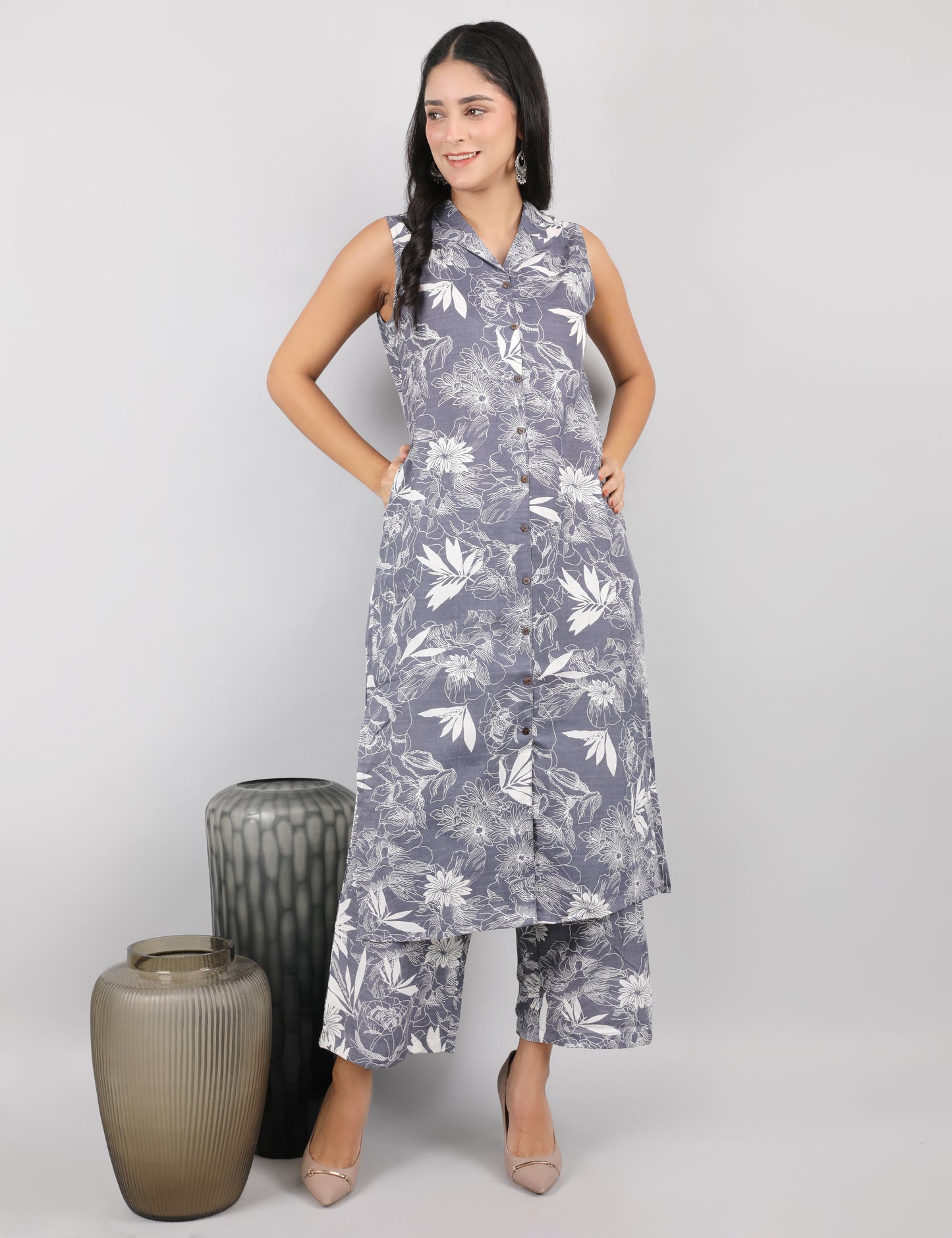 GREY PRINTED COTTON SHIRT COLLAR FRONT OPEN WITH BUTTONS KURTA SET