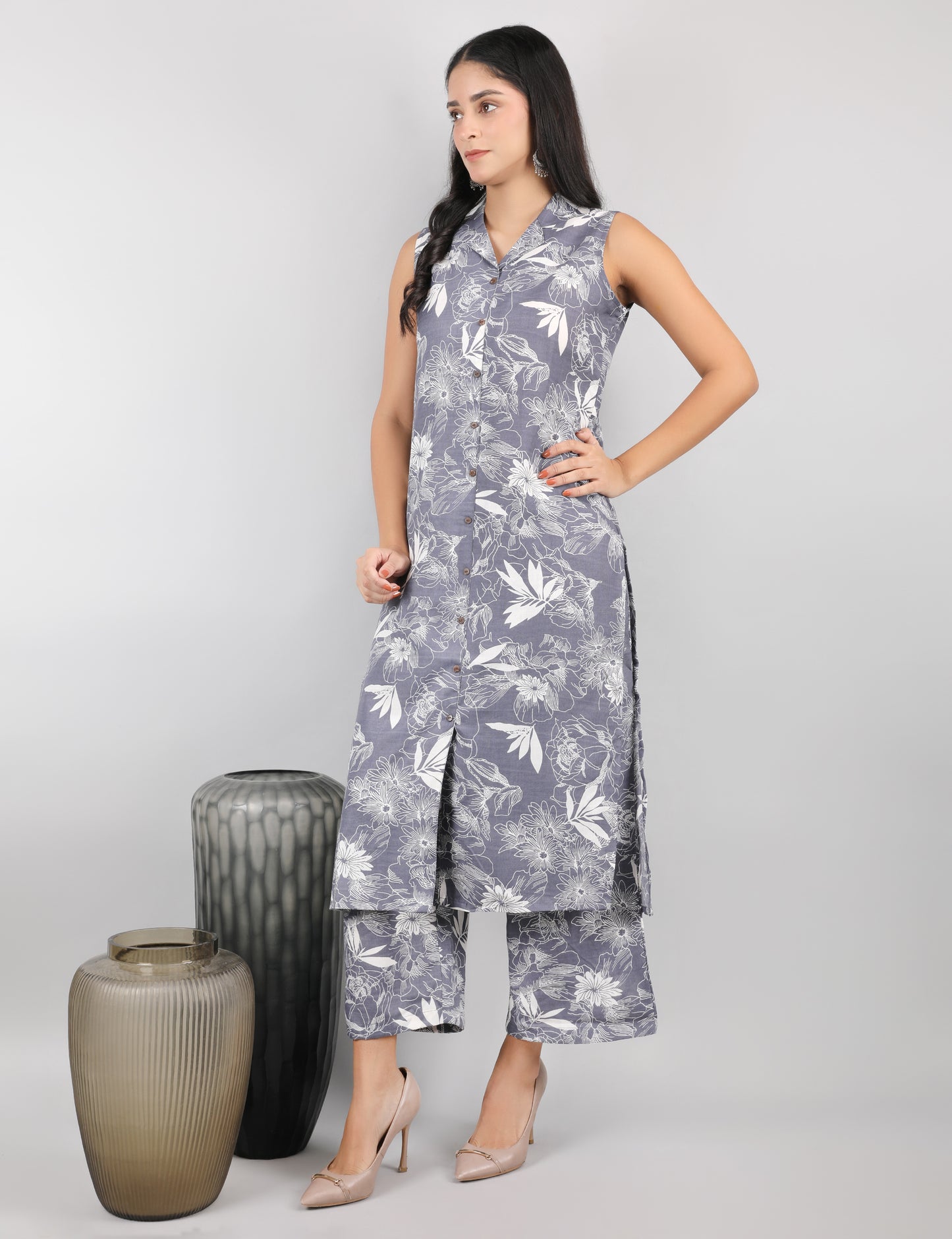 GREY PRINTED COTTON SHIRT COLLAR FRONT OPEN WITH BUTTONS KURTA SET