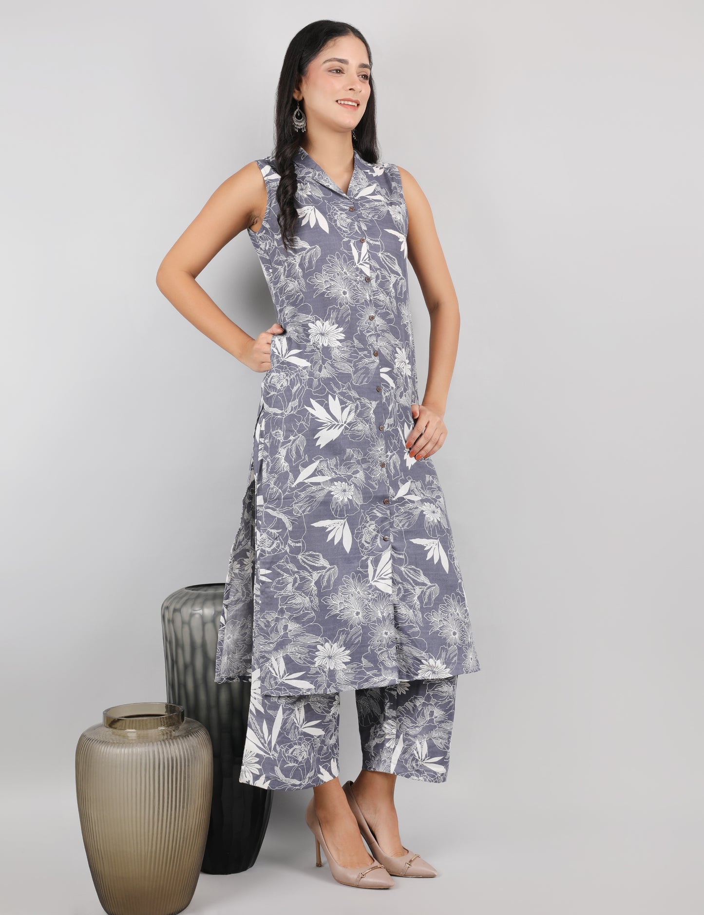 GREY PRINTED COTTON SHIRT COLLAR FRONT OPEN WITH BUTTONS KURTA SET
