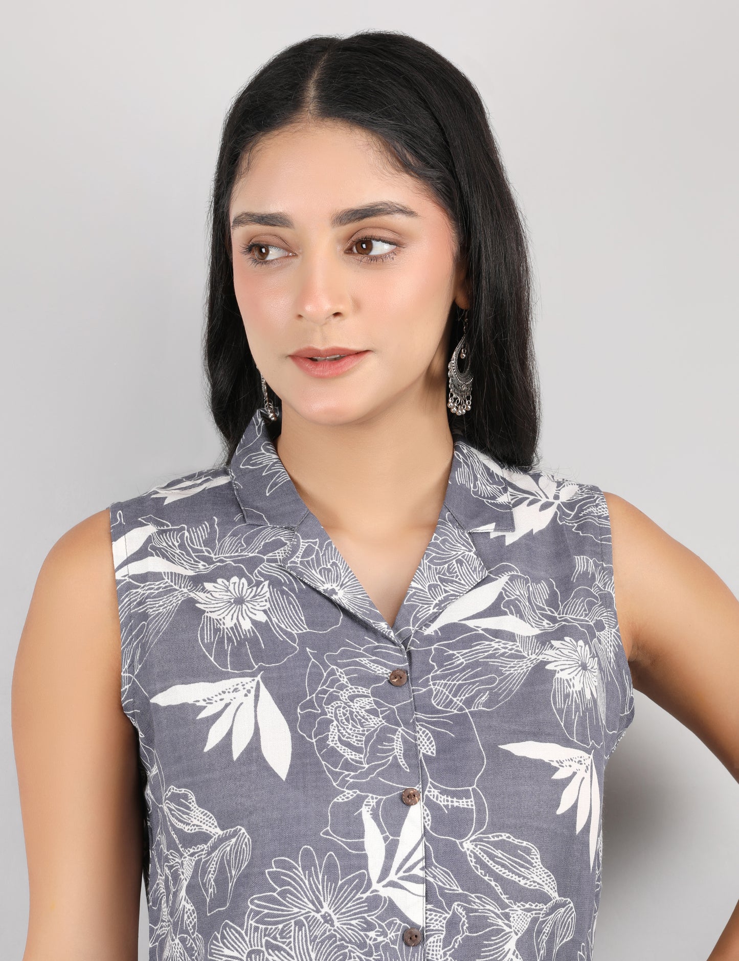 GREY PRINTED COTTON SHIRT COLLAR FRONT OPEN WITH BUTTONS KURTA SET