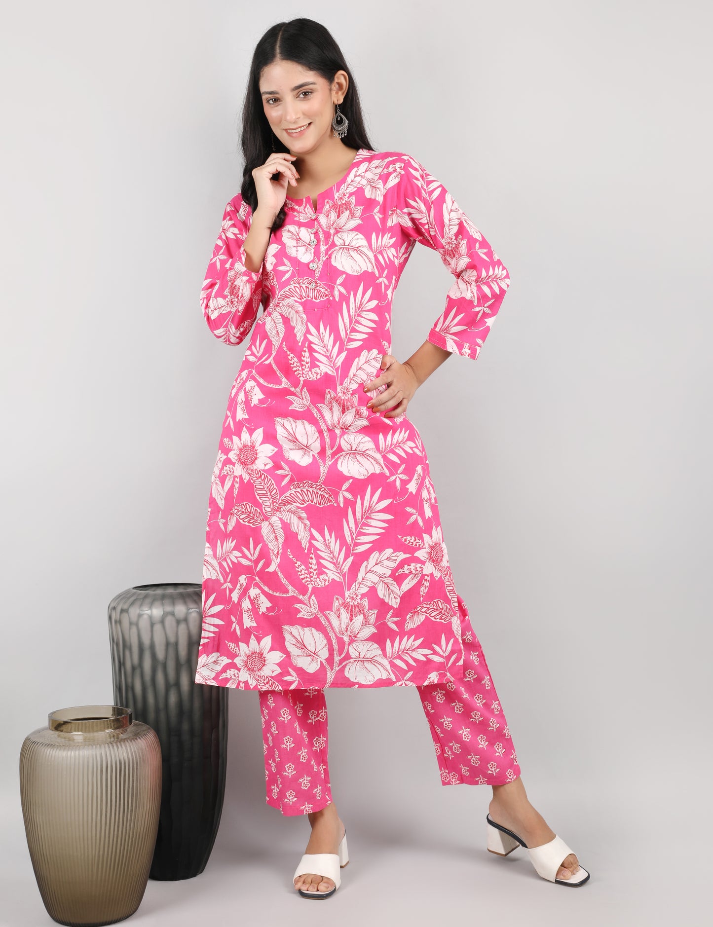 PINK FLORAL COTTAN KURTA SET