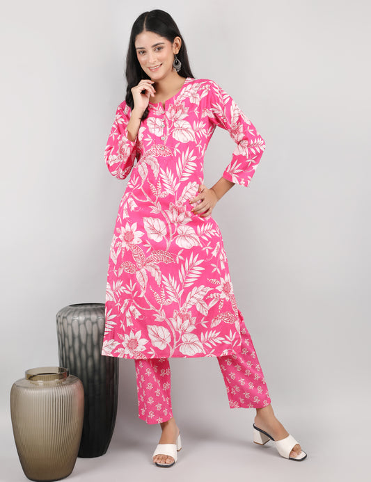 PINK FLORAL COTTAN KURTA SET