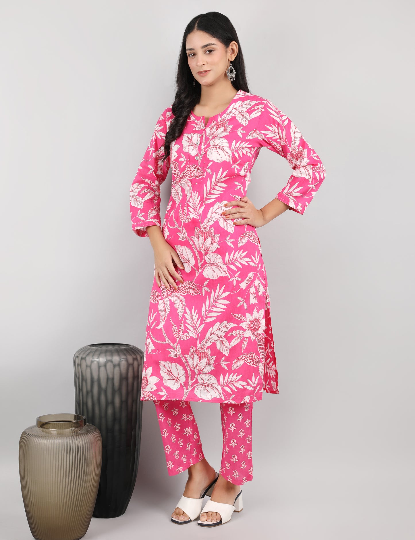 PINK FLORAL COTTAN KURTA SET