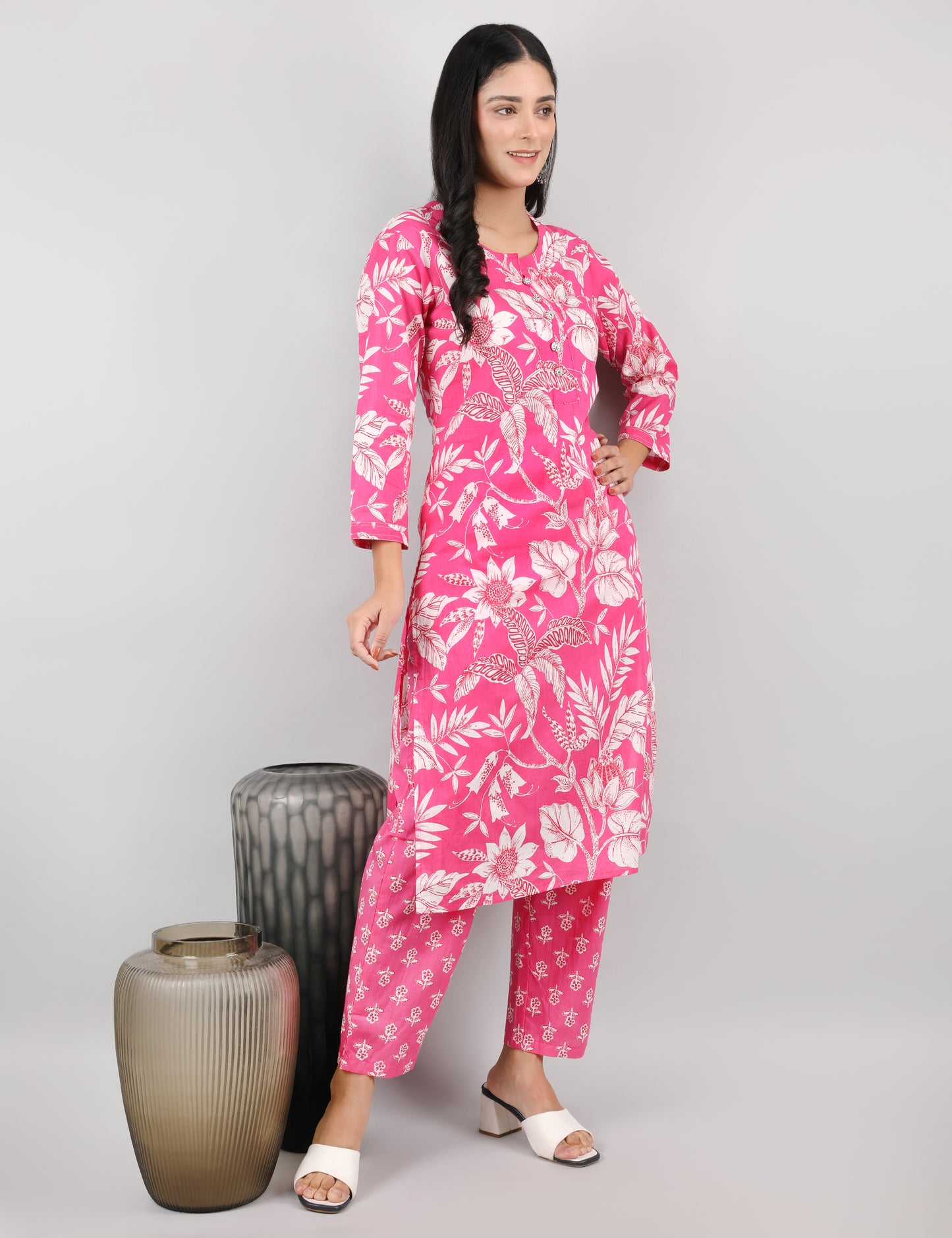 PINK FLORAL COTTAN KURTA SET