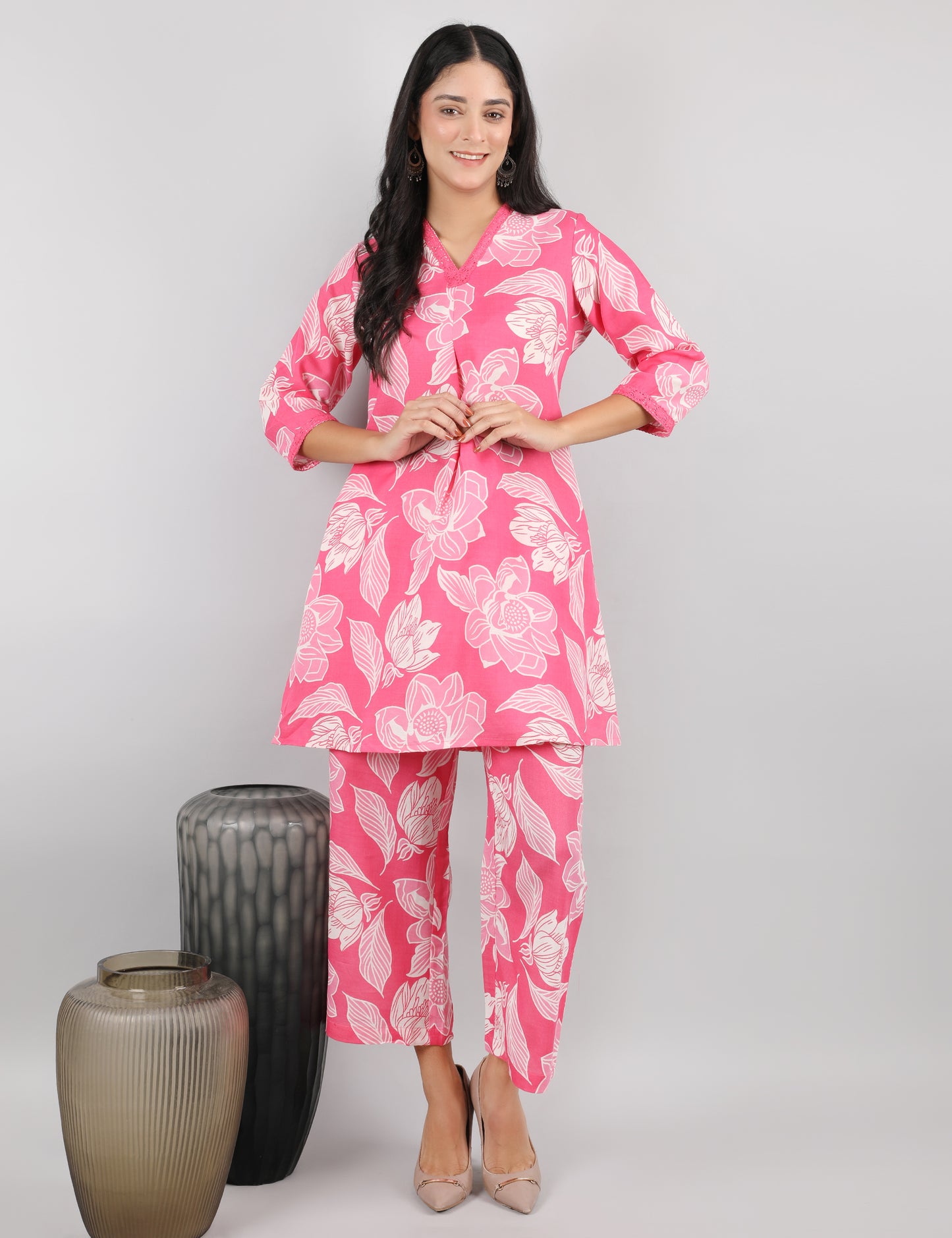 PINK COTTON PRINT CO-ORD SET KURTA