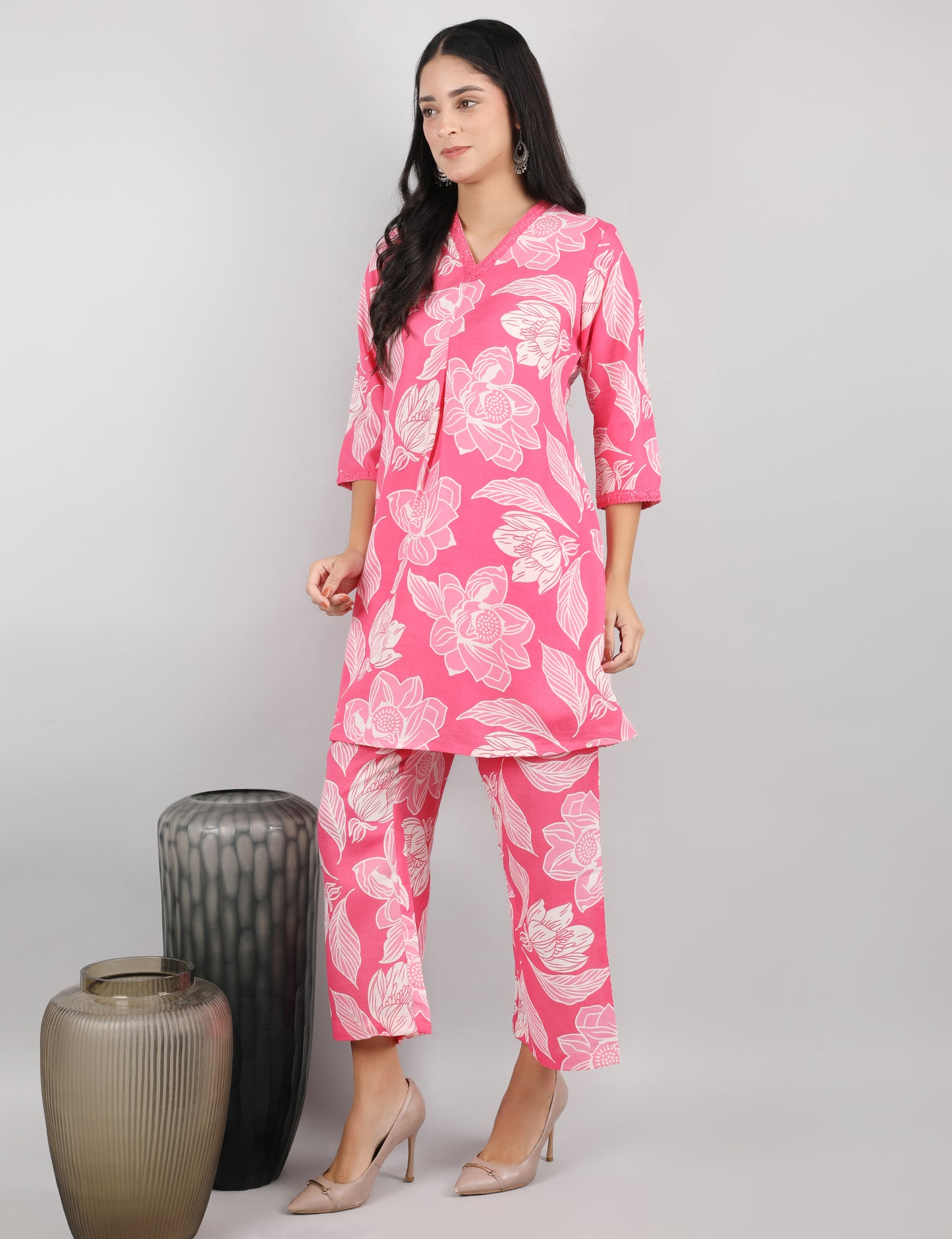 PINK COTTON PRINT CO-ORD SET KURTA