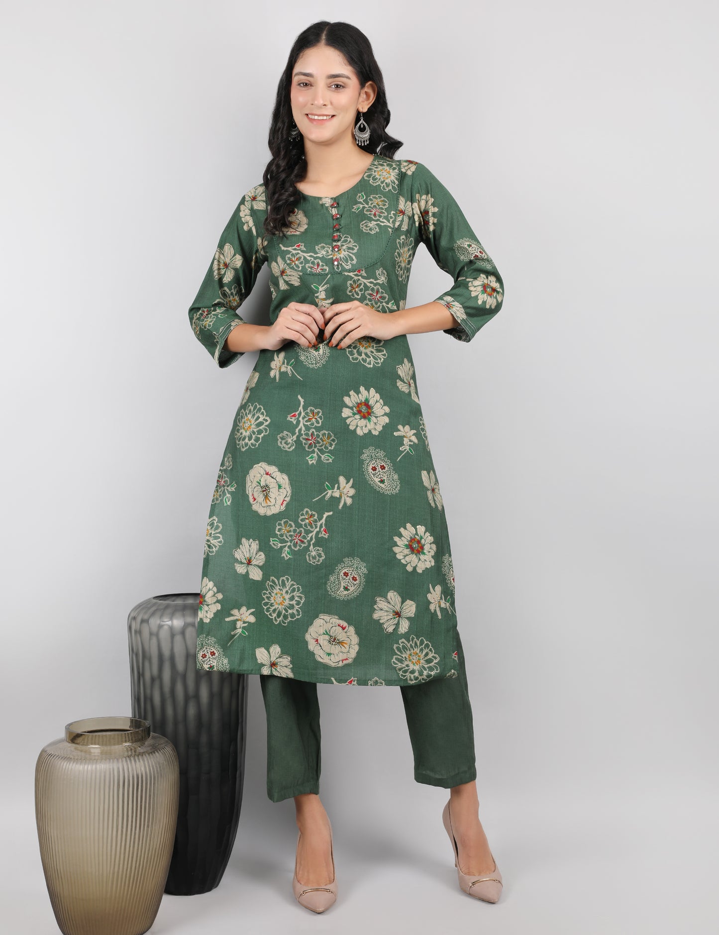 GREEN PRINTED  COTTON KURTA SET