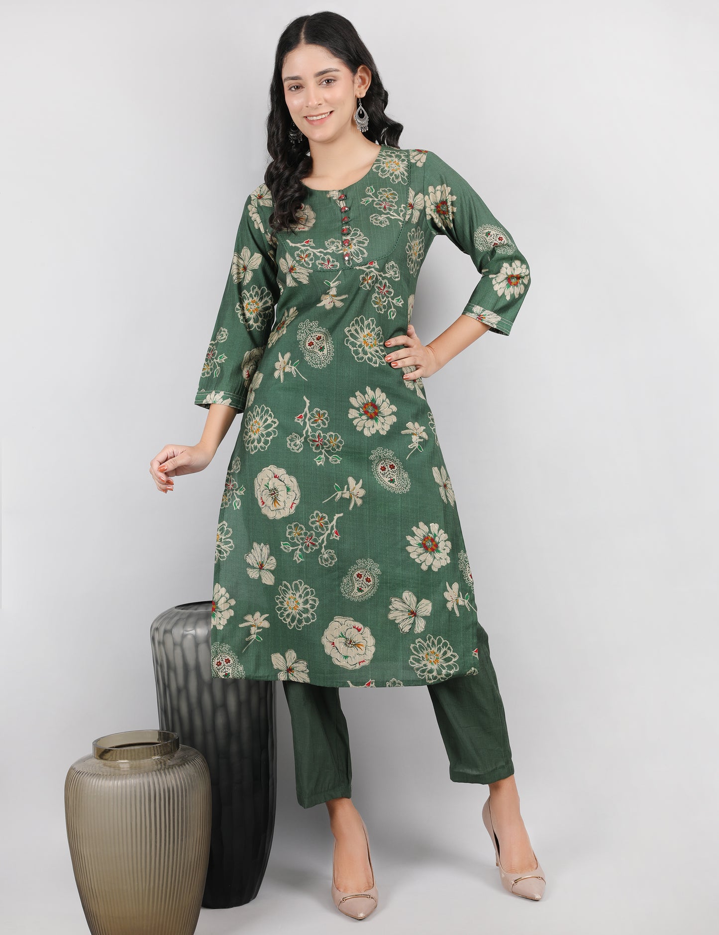 GREEN PRINTED  COTTON KURTA SET