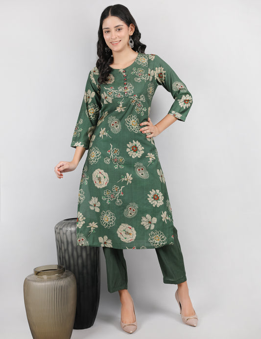 GREEN PRINTED  COTTON KURTA SET