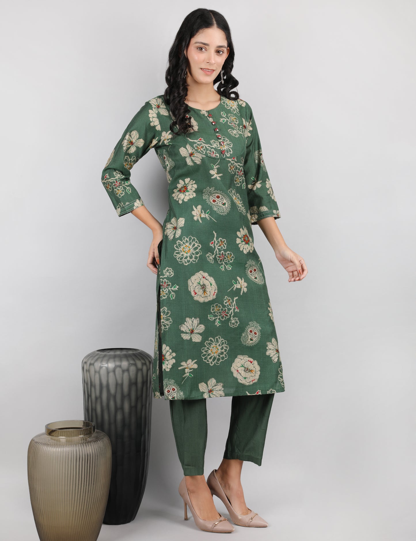 GREEN PRINTED  COTTON KURTA SET