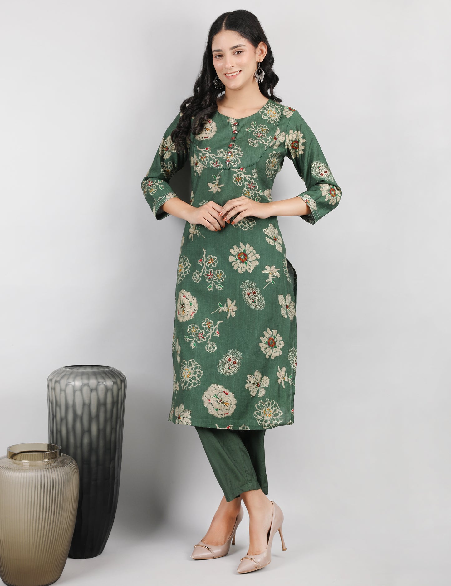 GREEN PRINTED  COTTON KURTA SET