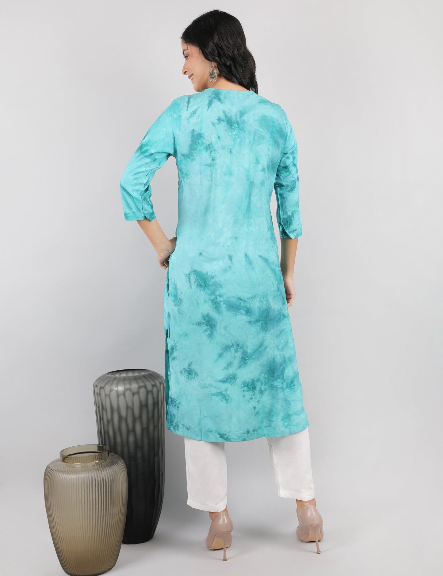 SEA GREEN TIE N DYE CHIKIN WORK KURTA SET