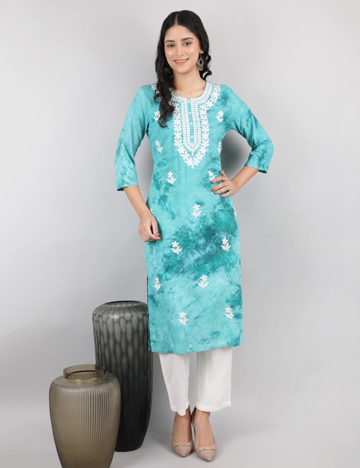 SEA GREEN TIE N DYE CHIKIN WORK KURTA SET
