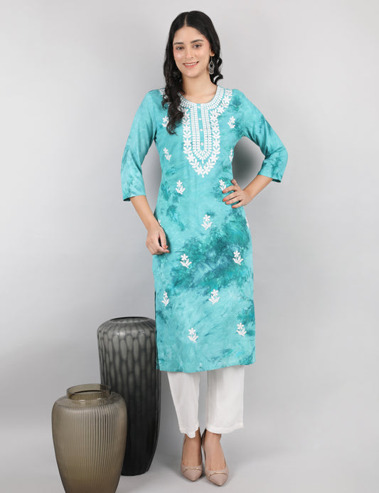 SEA GREEN TIE N DYE CHIKIN WORK KURTA SET
