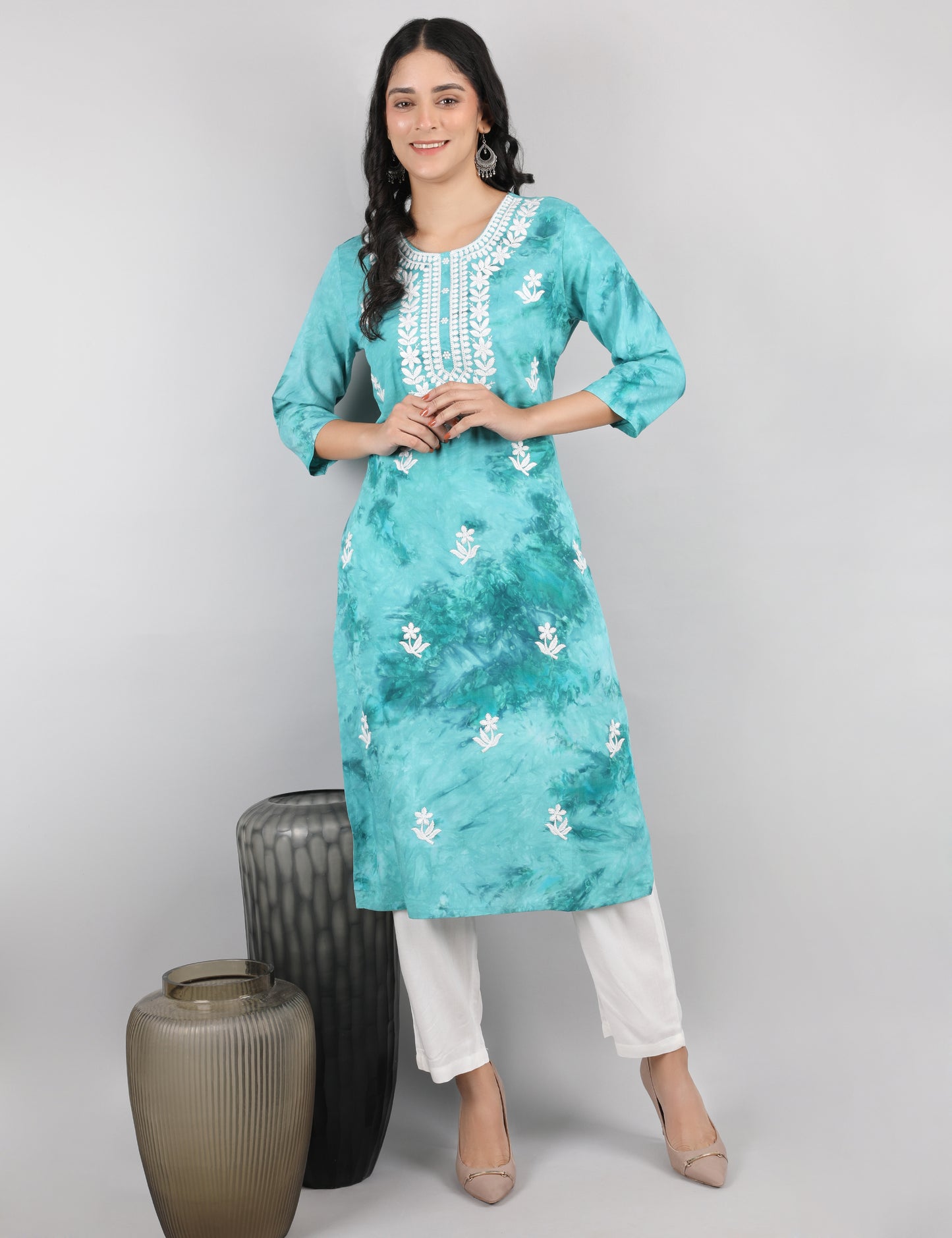 SEA GREEN TIE N DYE CHIKIN WORK KURTA SET