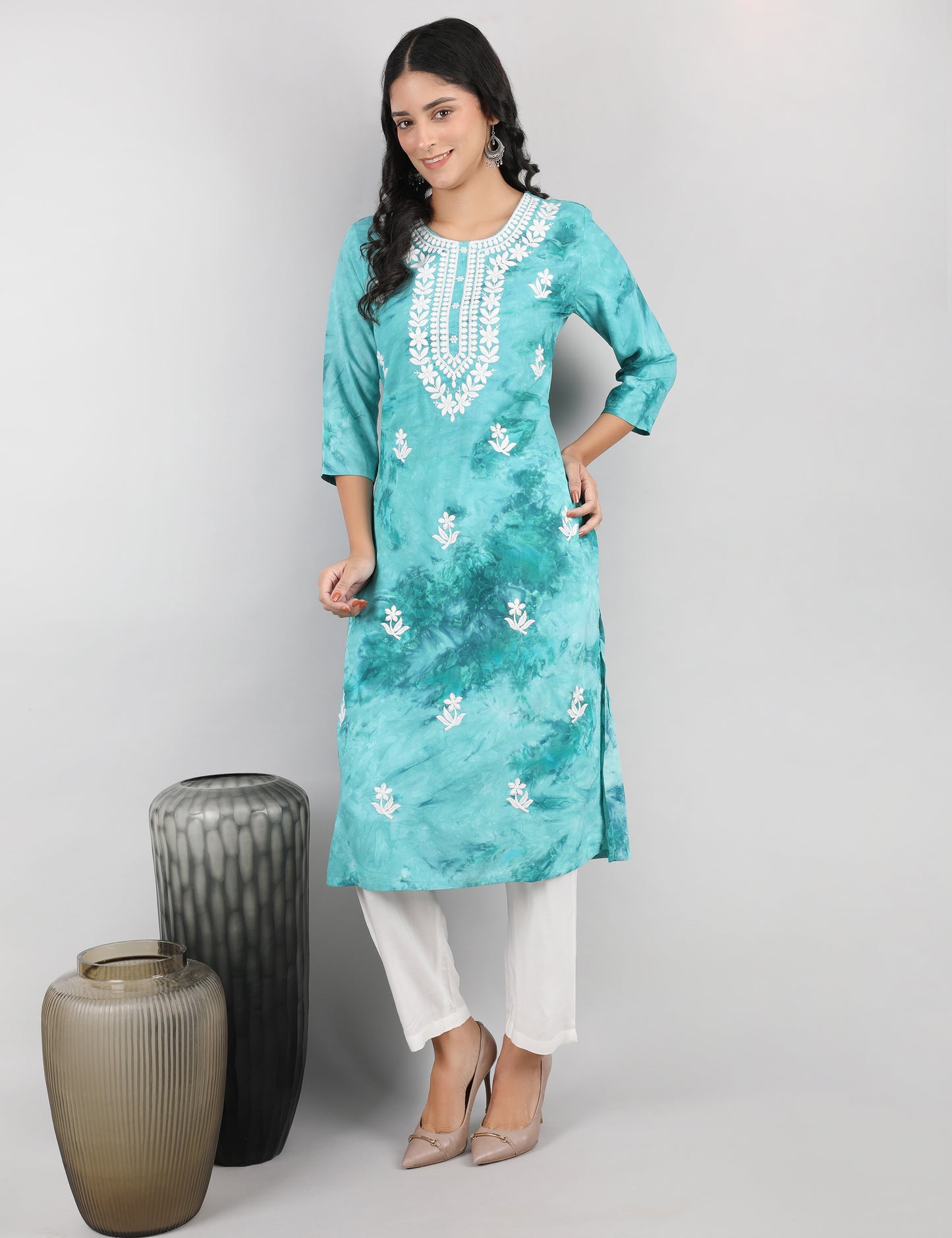 SEA GREEN TIE N DYE CHIKIN WORK KURTA SET