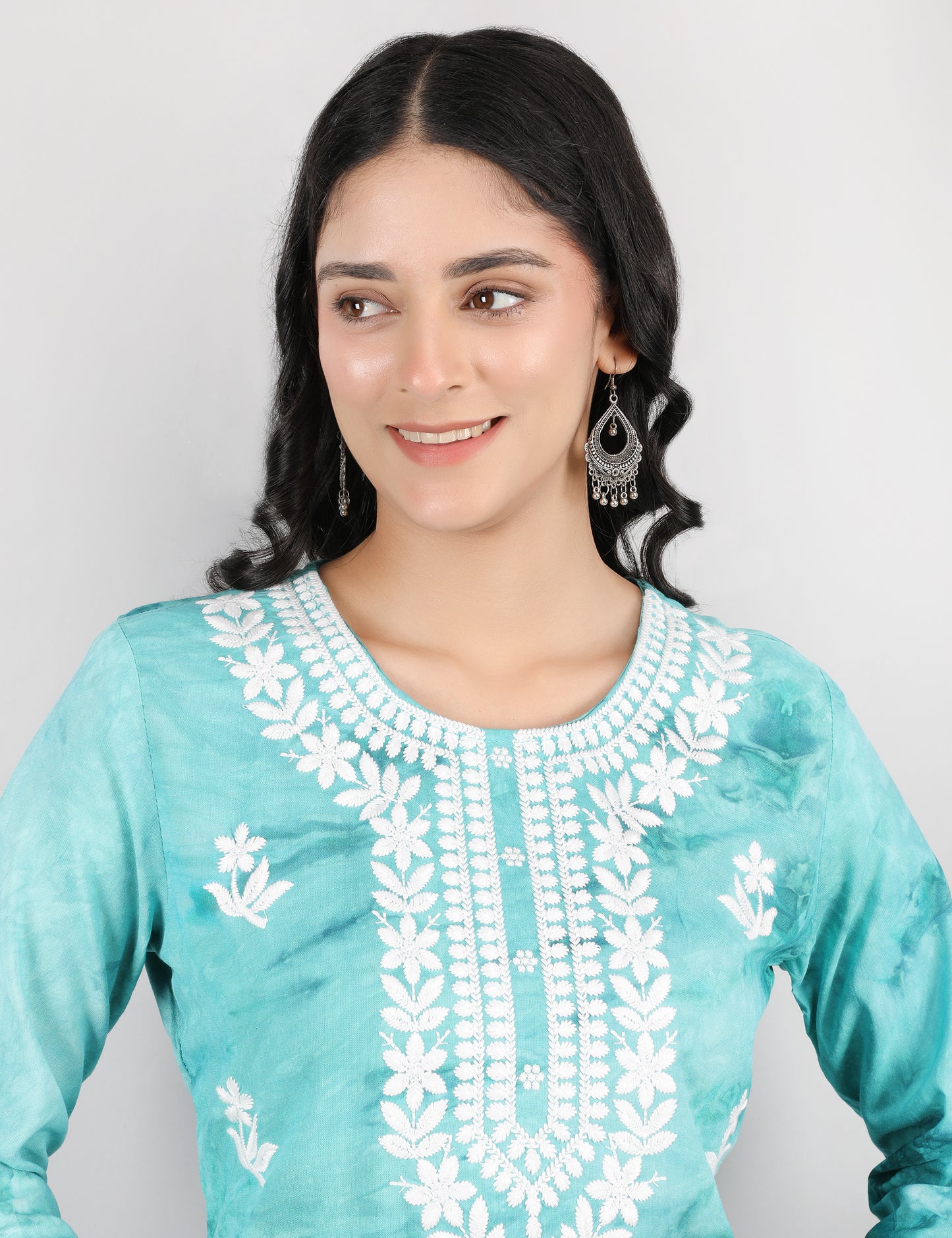 SEA GREEN TIE N DYE CHIKIN WORK KURTA SET