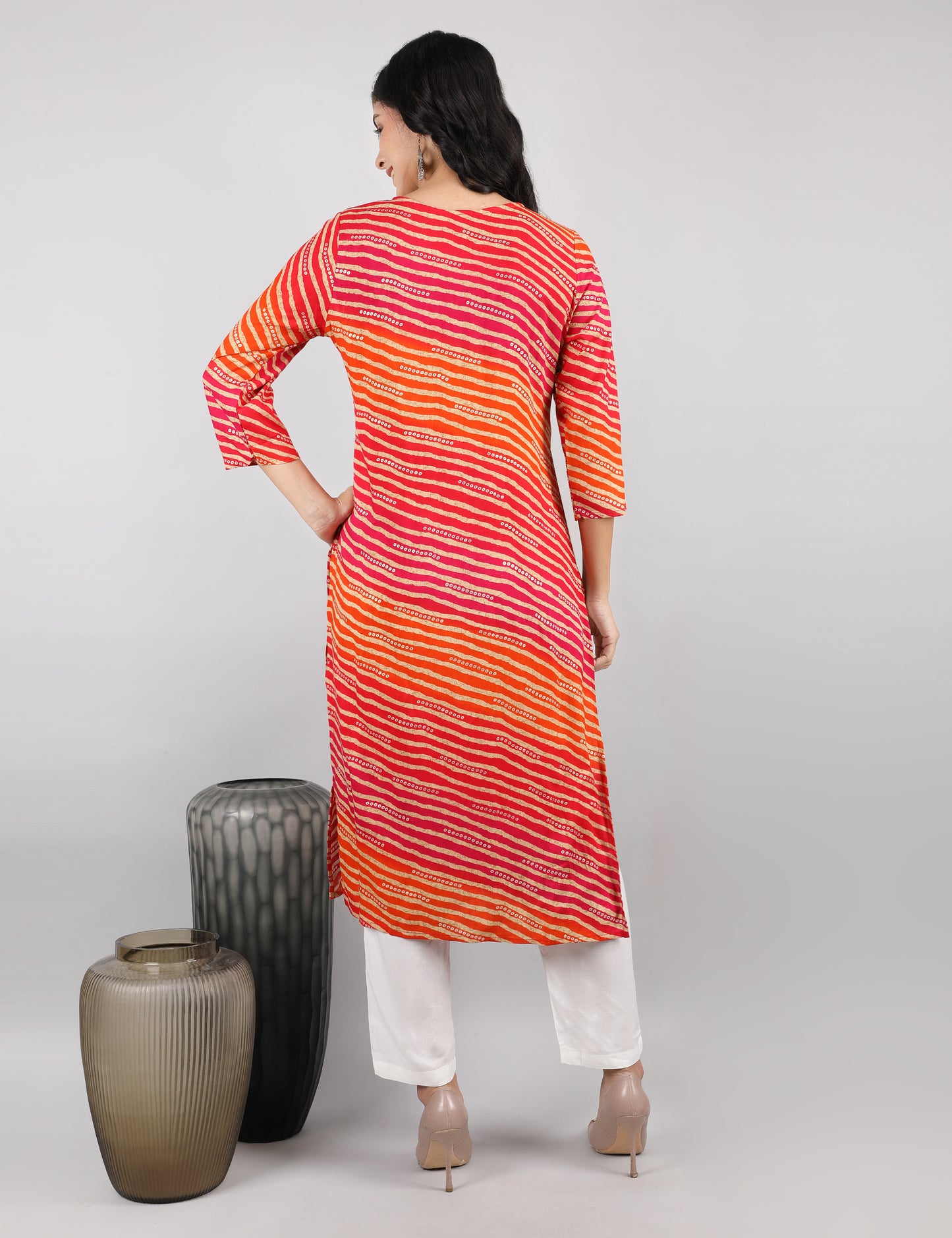 ORANGE LAHARIYA PRINT KURTI