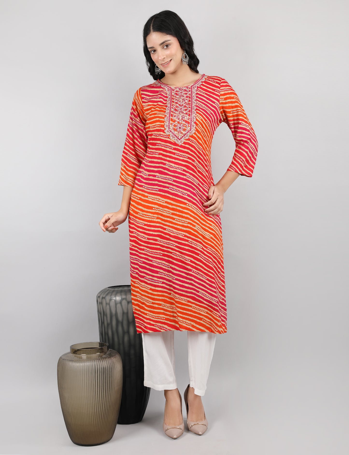 ORANGE LAHARIYA PRINT KURTI