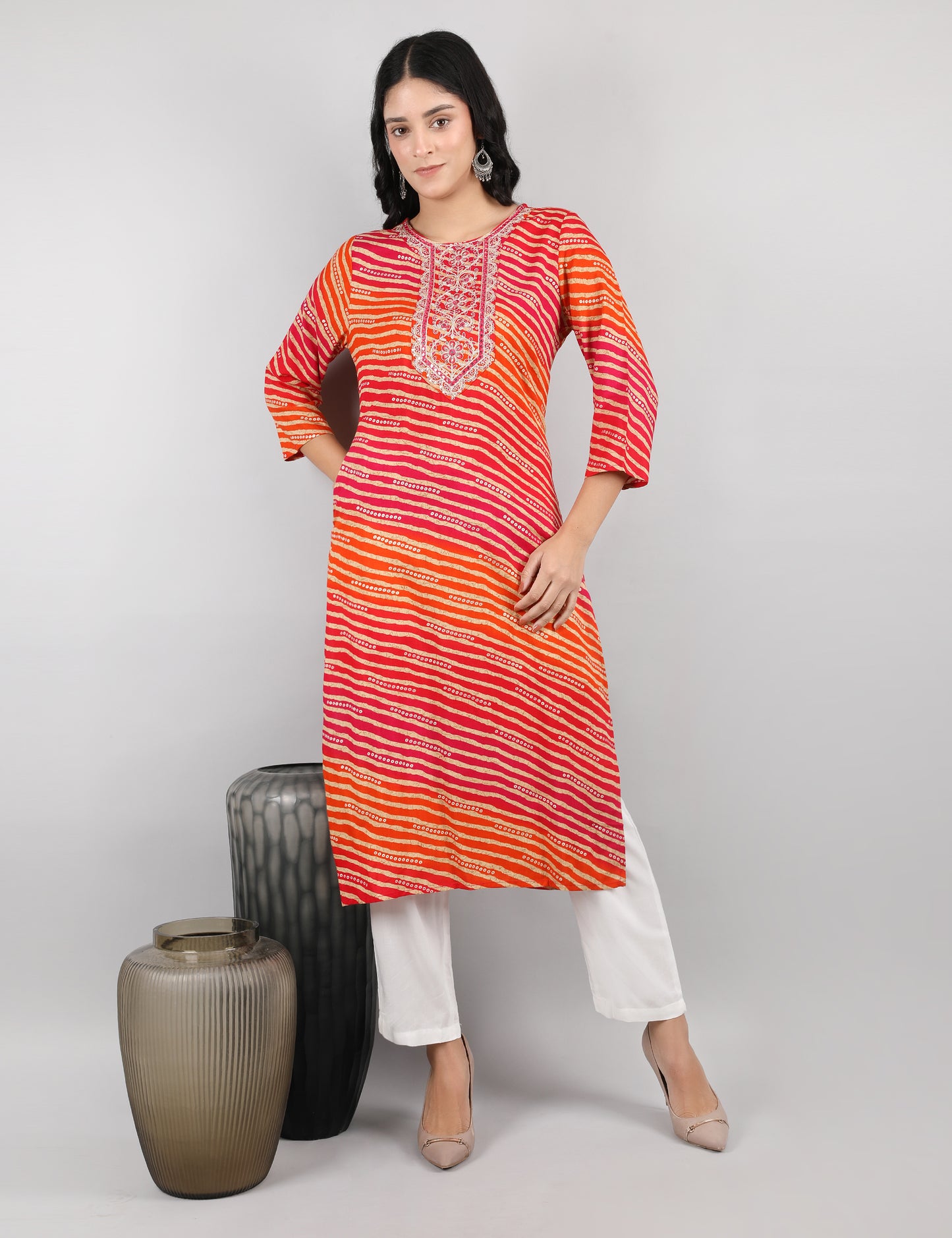 ORANGE LAHARIYA PRINT KURTI