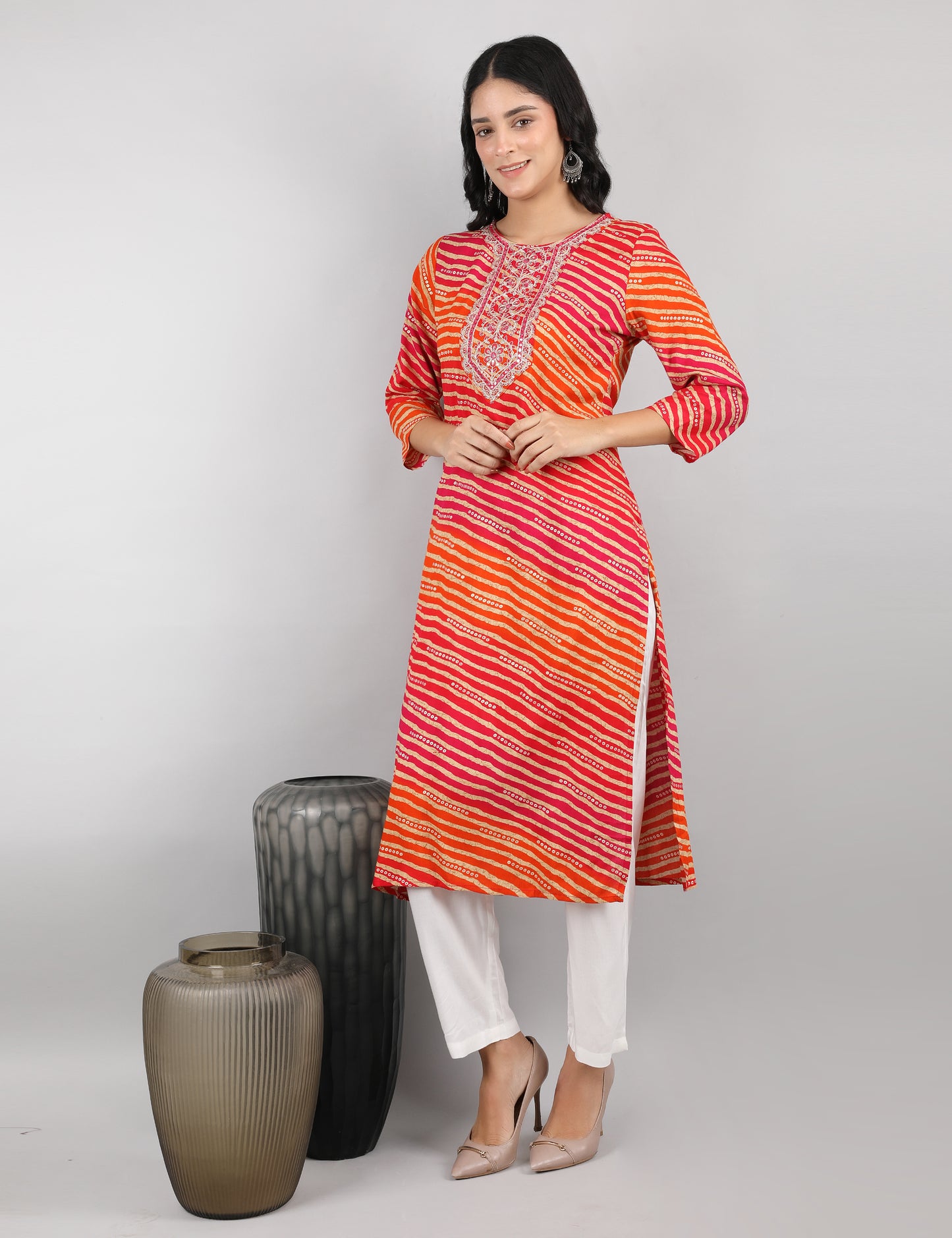 ORANGE LAHARIYA PRINT KURTI