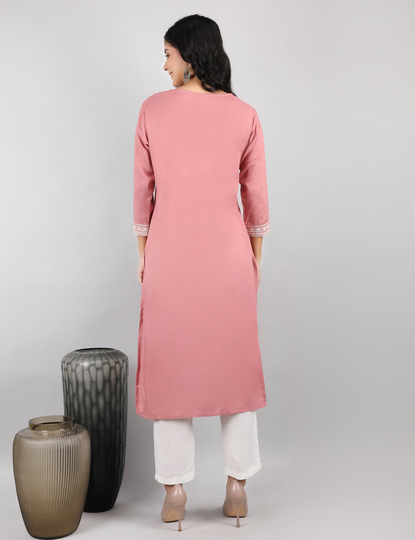DUSKY PINK REYON CHIKIN WORK KURTA