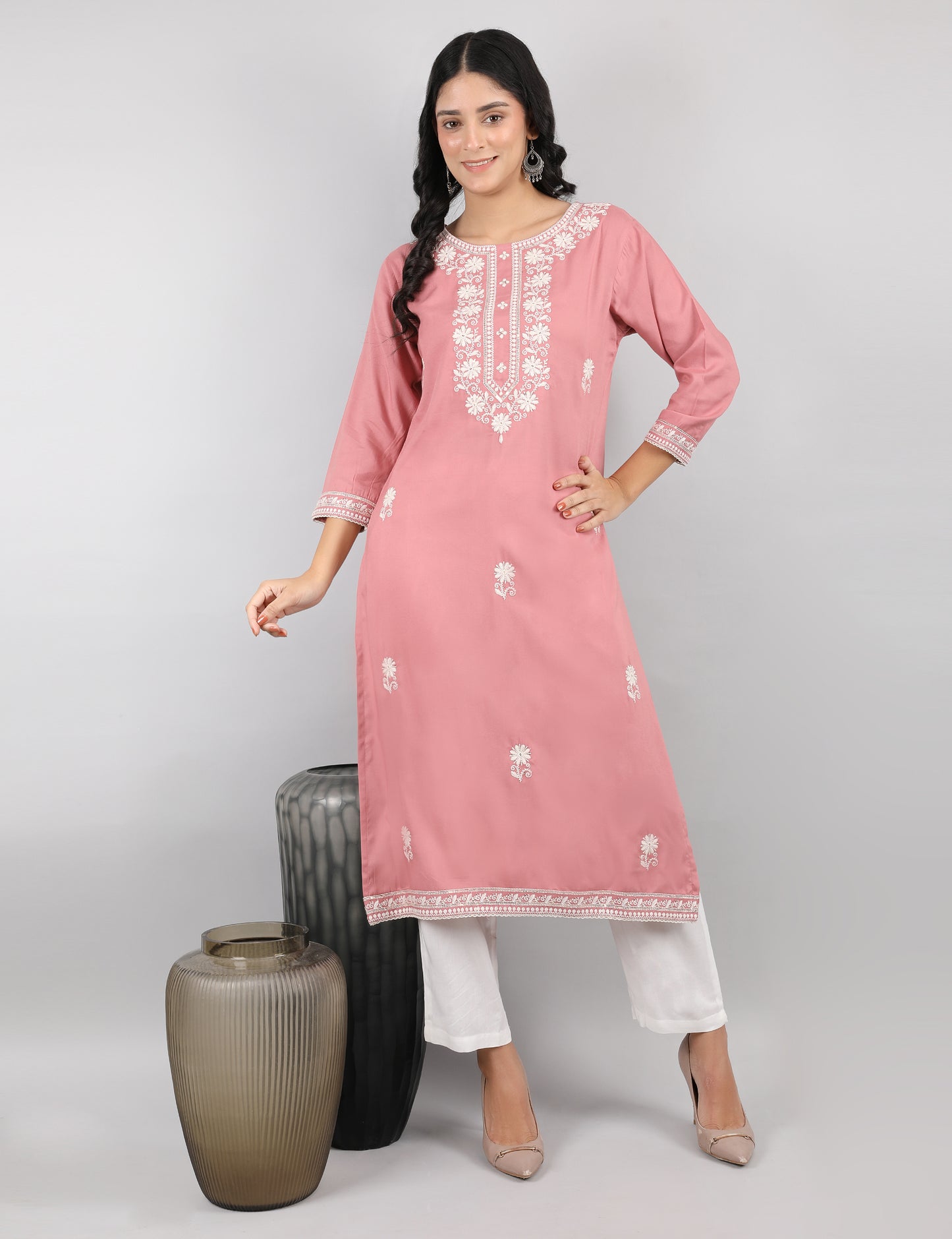 DUSKY PINK REYON CHIKIN WORK KURTA