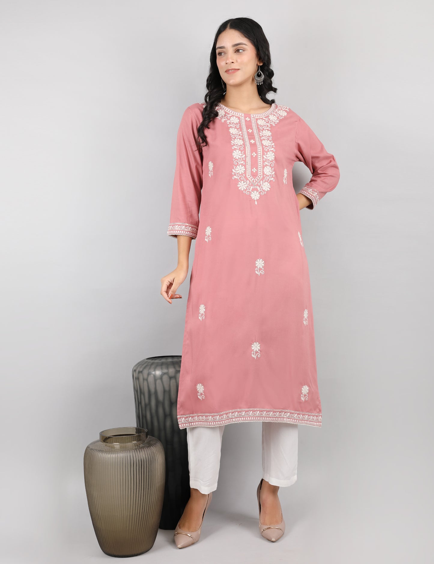 DUSKY PINK REYON CHIKIN WORK KURTA