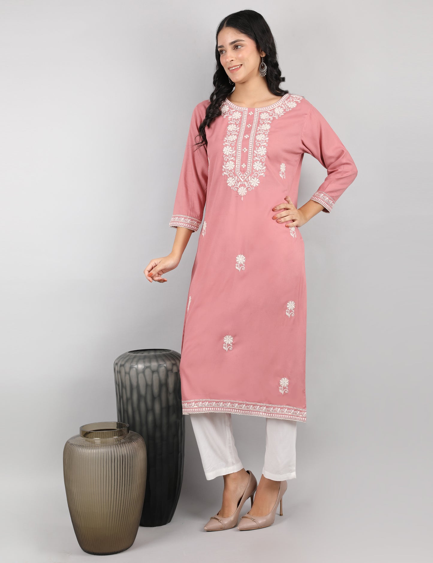 DUSKY PINK REYON CHIKIN WORK KURTA