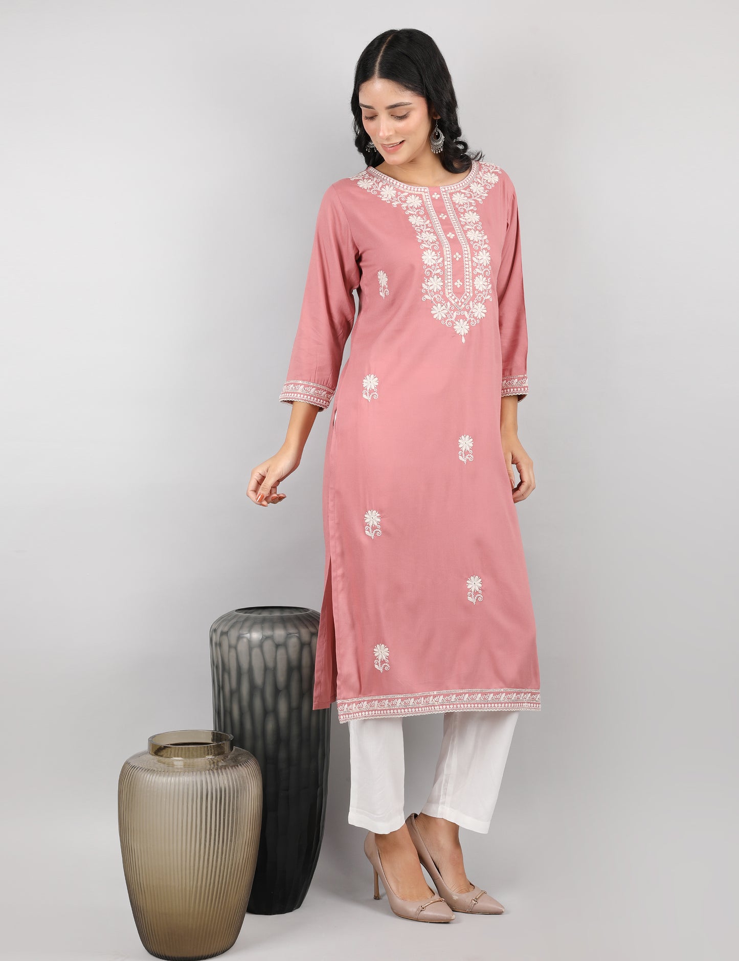 DUSKY PINK REYON CHIKIN WORK KURTA