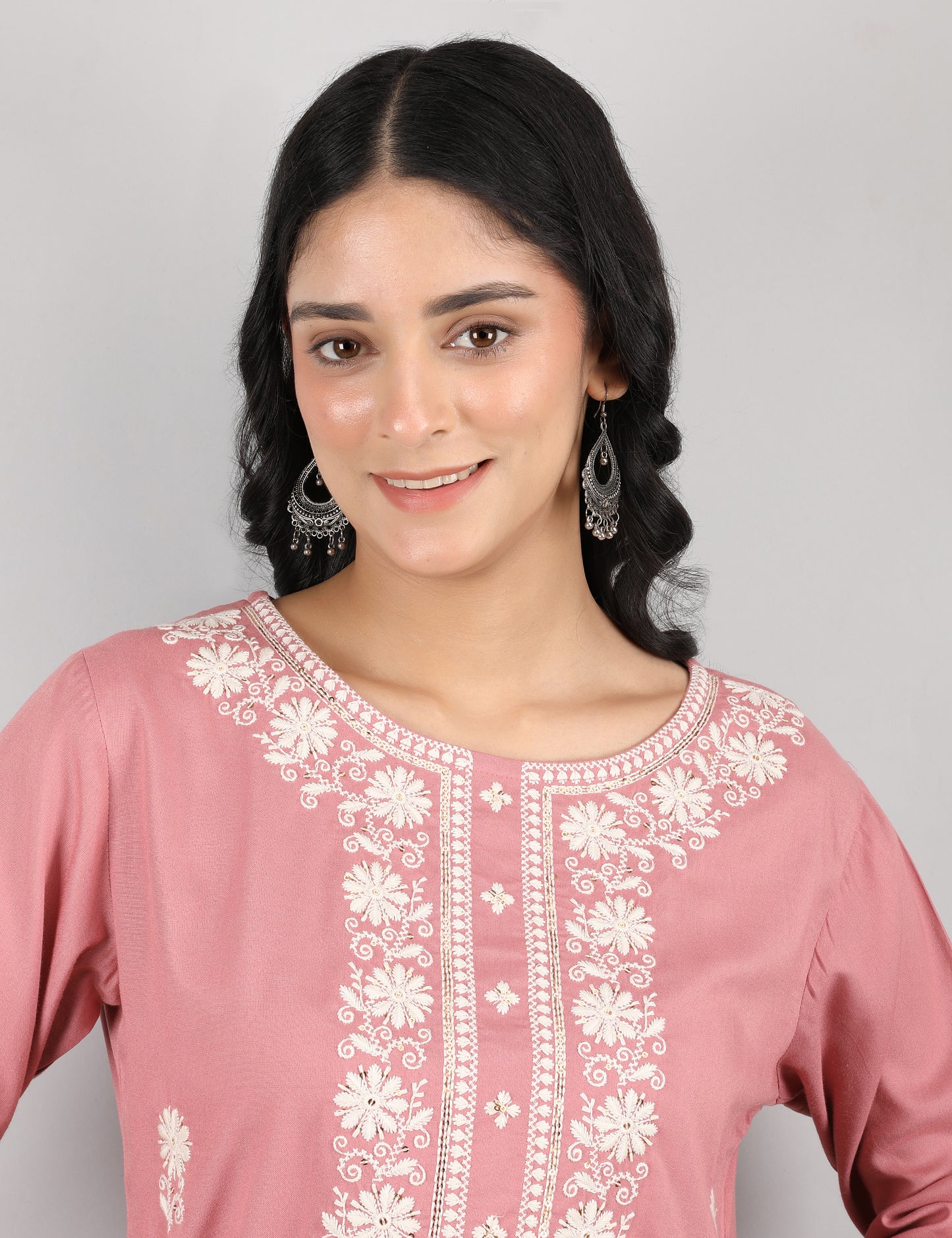 DUSKY PINK REYON CHIKIN WORK KURTA