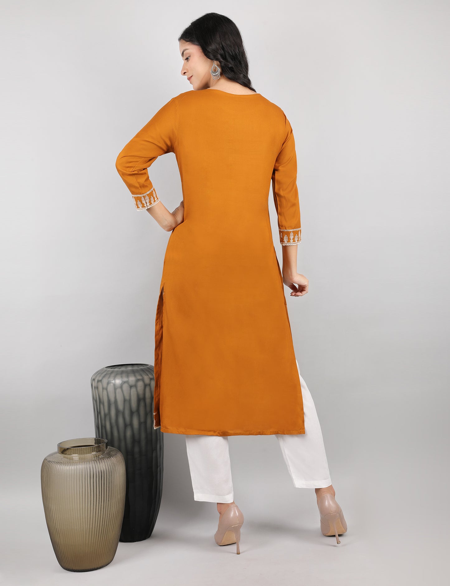 MUSTARD REYON CHIKIN WORK KURTA