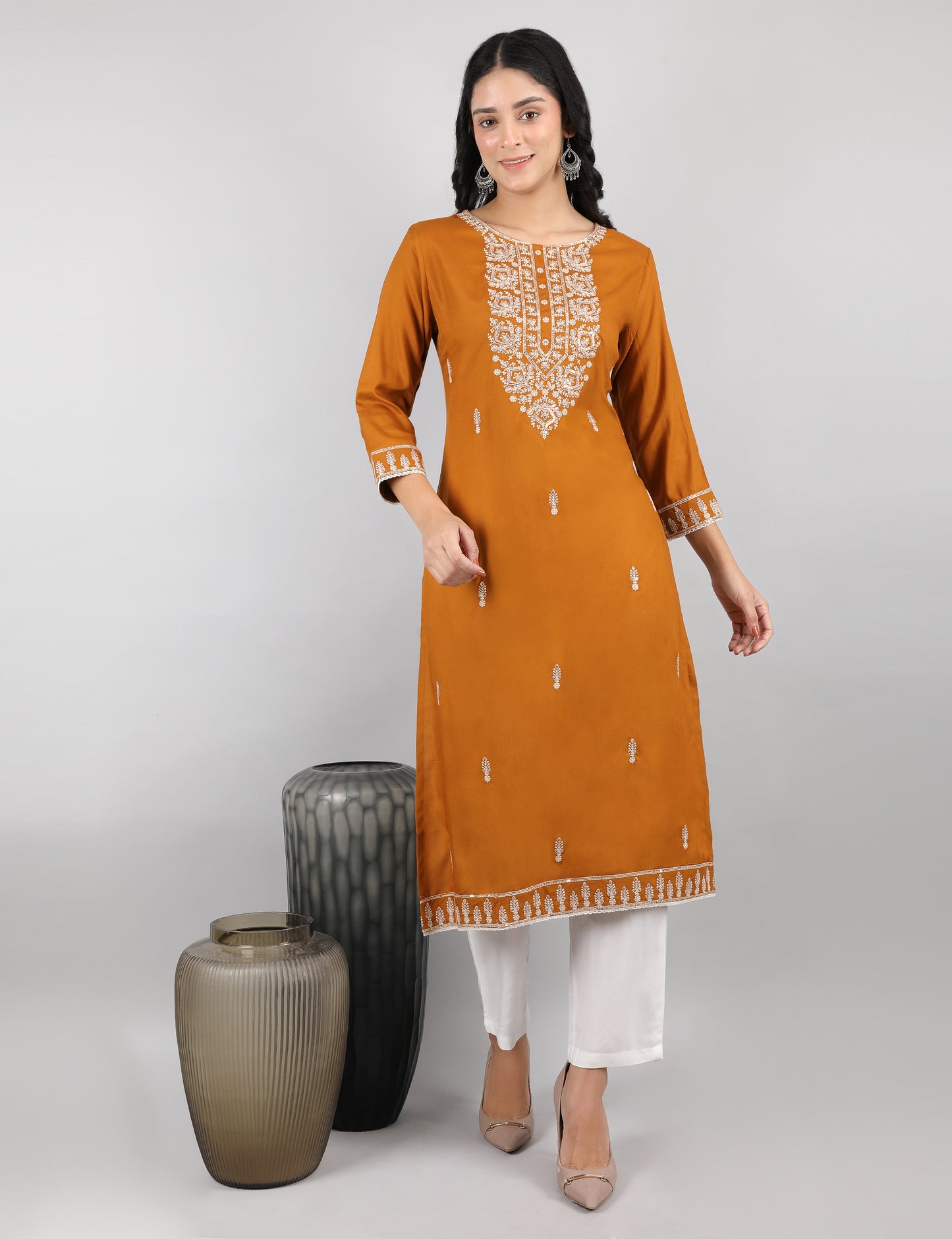 MUSTARD REYON CHIKIN WORK KURTA