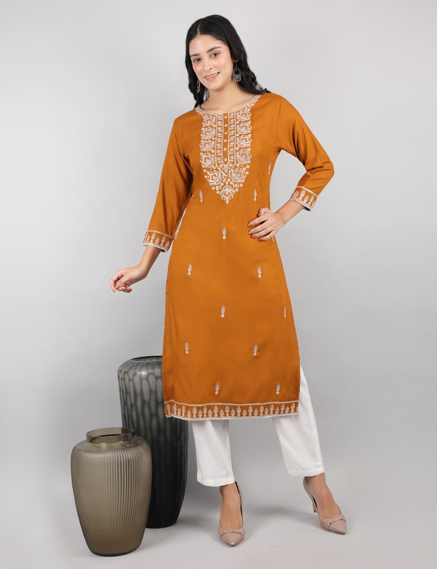 MUSTARD REYON CHIKIN WORK KURTA