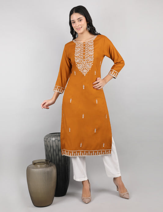 MUSTARD REYON CHIKIN WORK KURTA