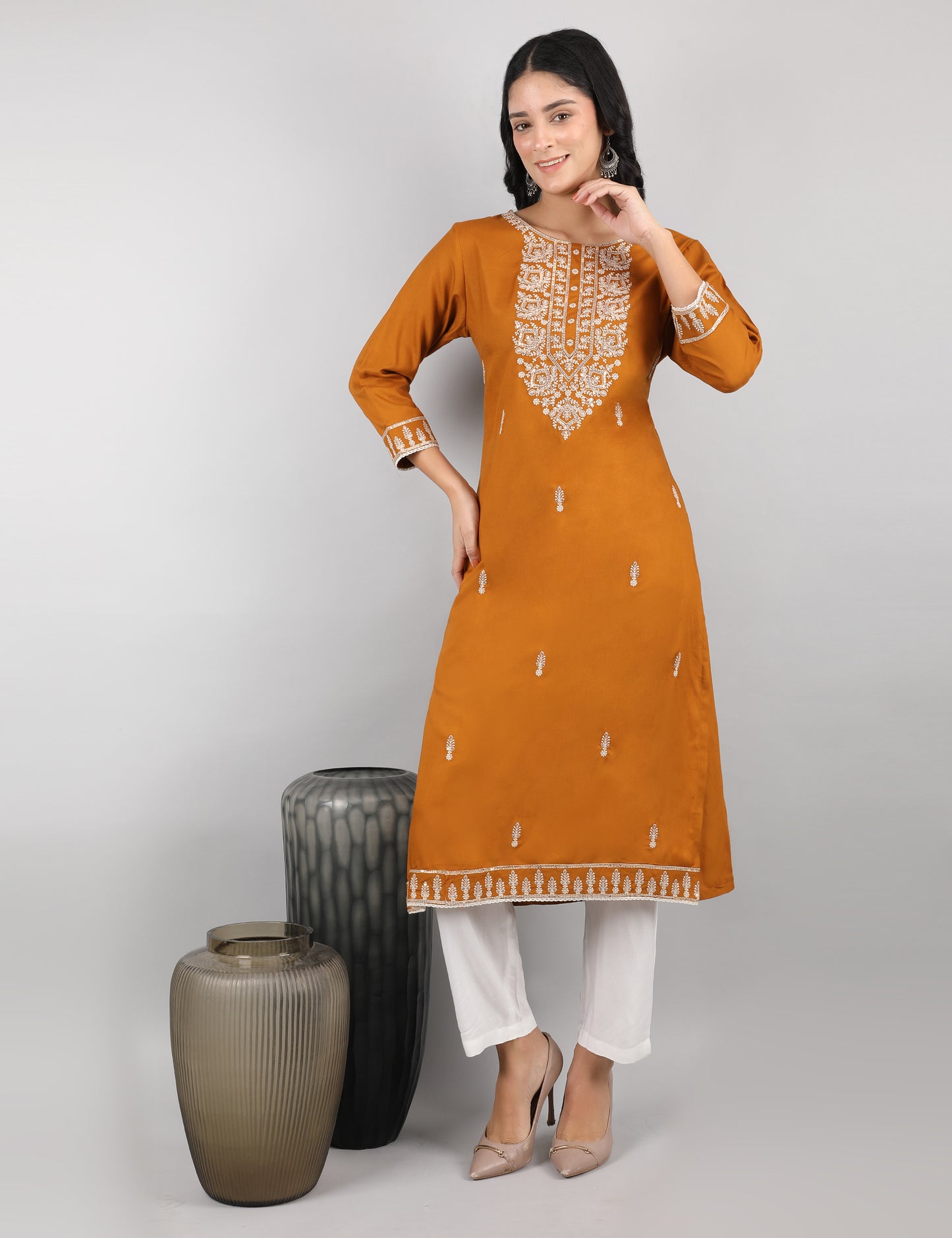 MUSTARD REYON CHIKIN WORK KURTA