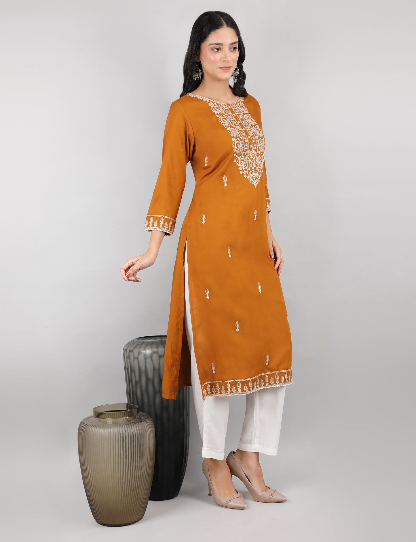 MUSTARD REYON CHIKIN WORK KURTA