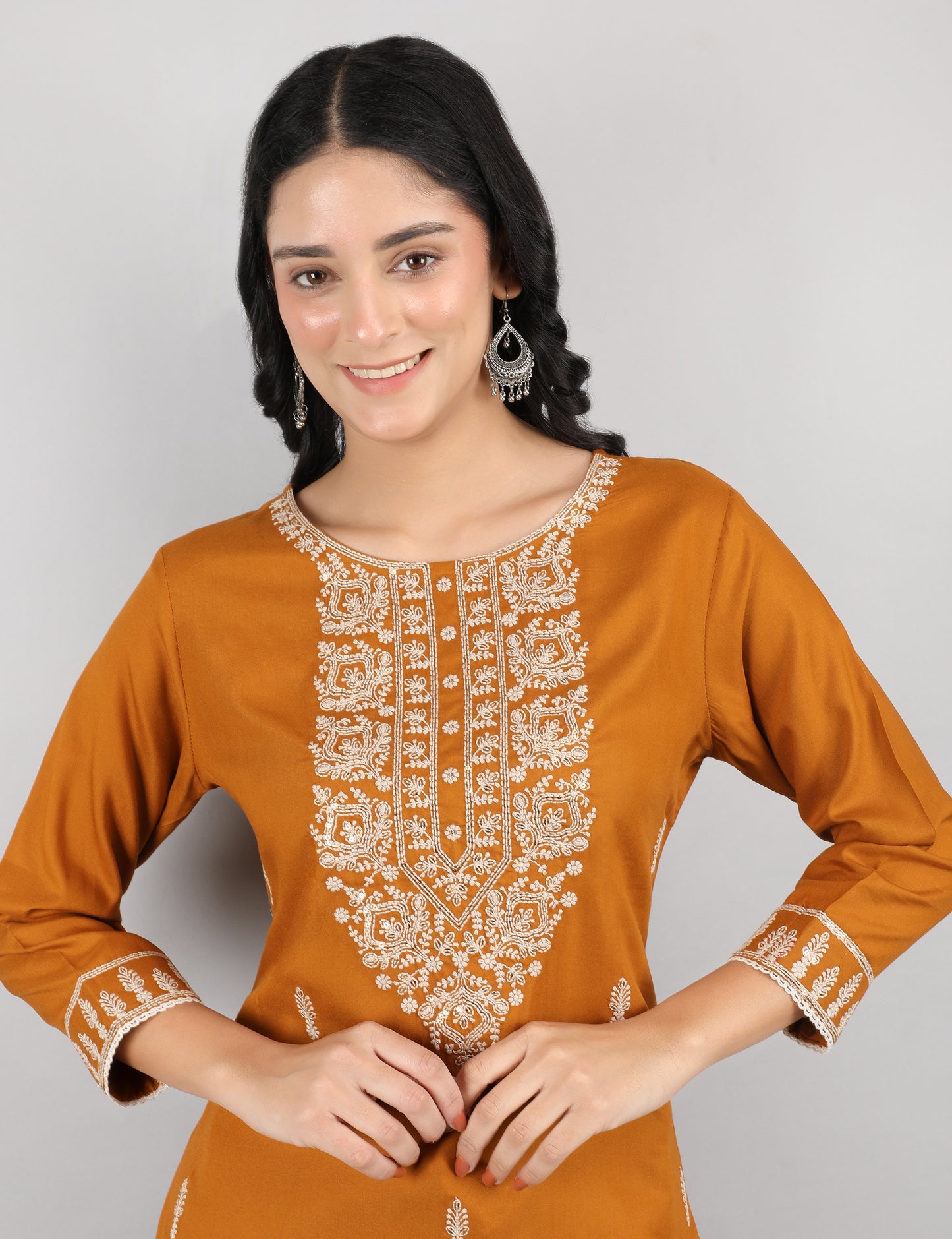 MUSTARD REYON CHIKIN WORK KURTA