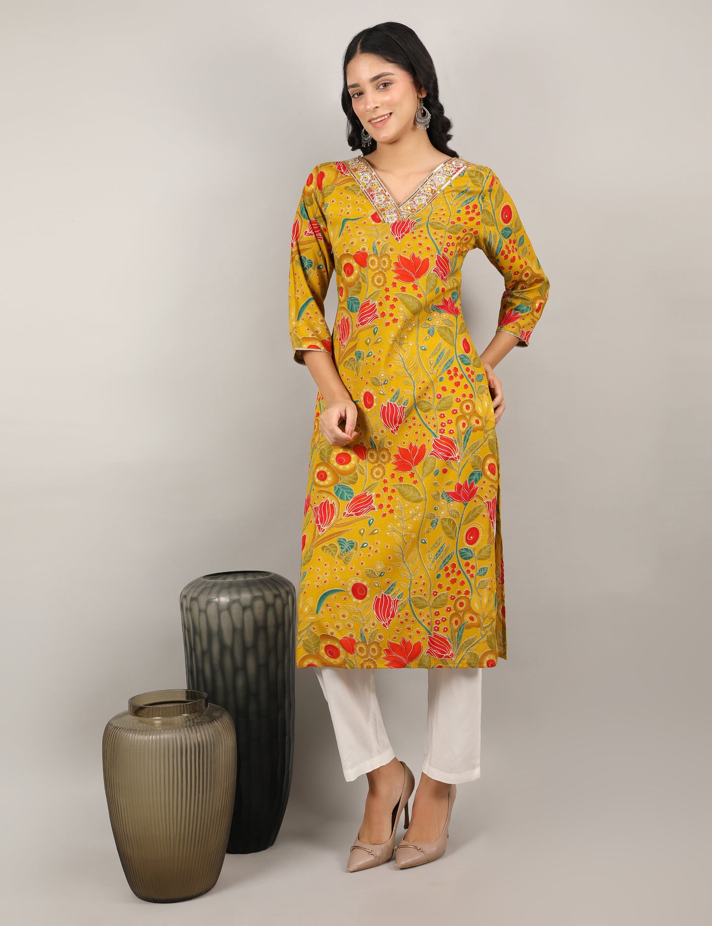 MUSTARD MULTI COLOUR PRINT  KURTI