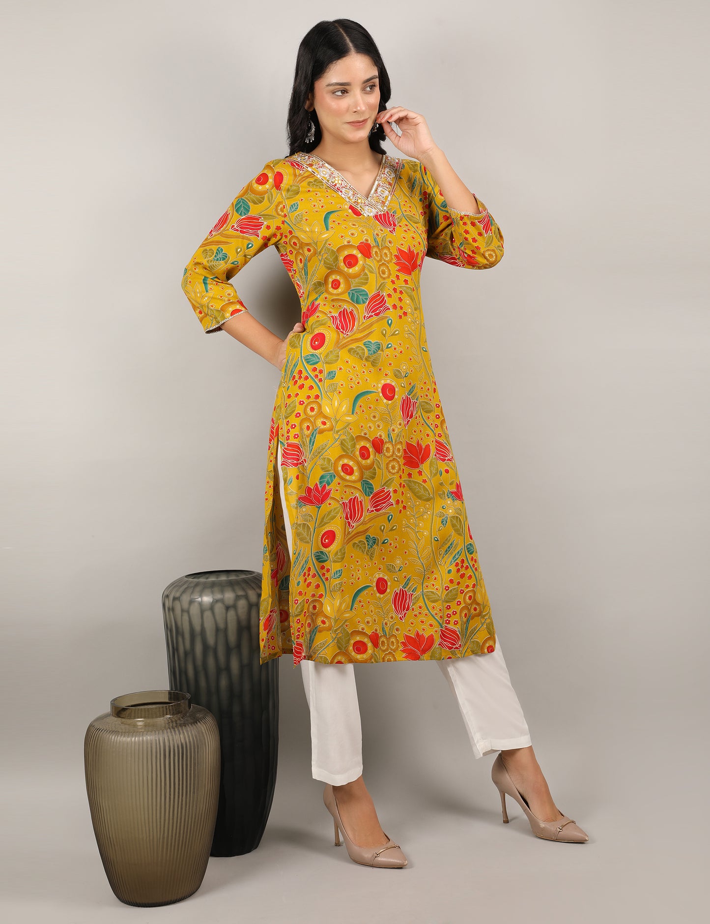 MUSTARD MULTI COLOUR PRINT  KURTI