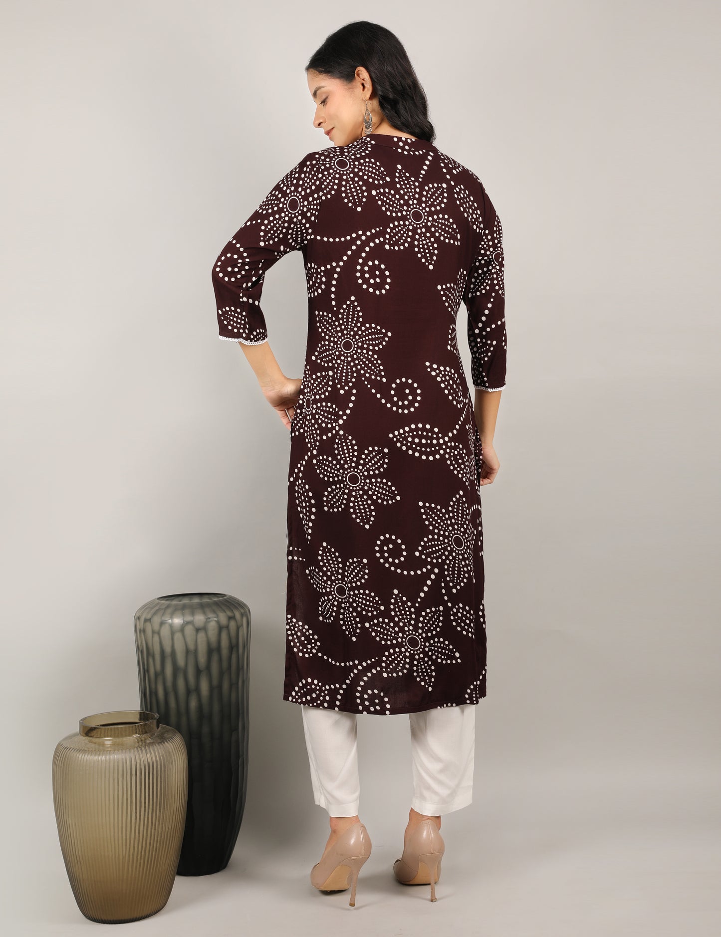 COFFEE COLOUR PRINTED REYON KURTI