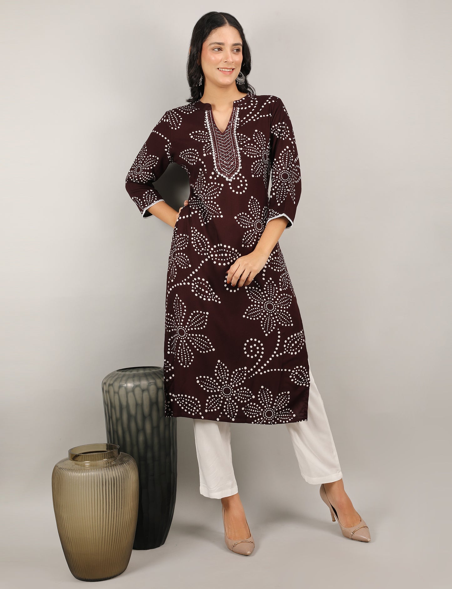 COFFEE COLOUR PRINTED REYON KURTI