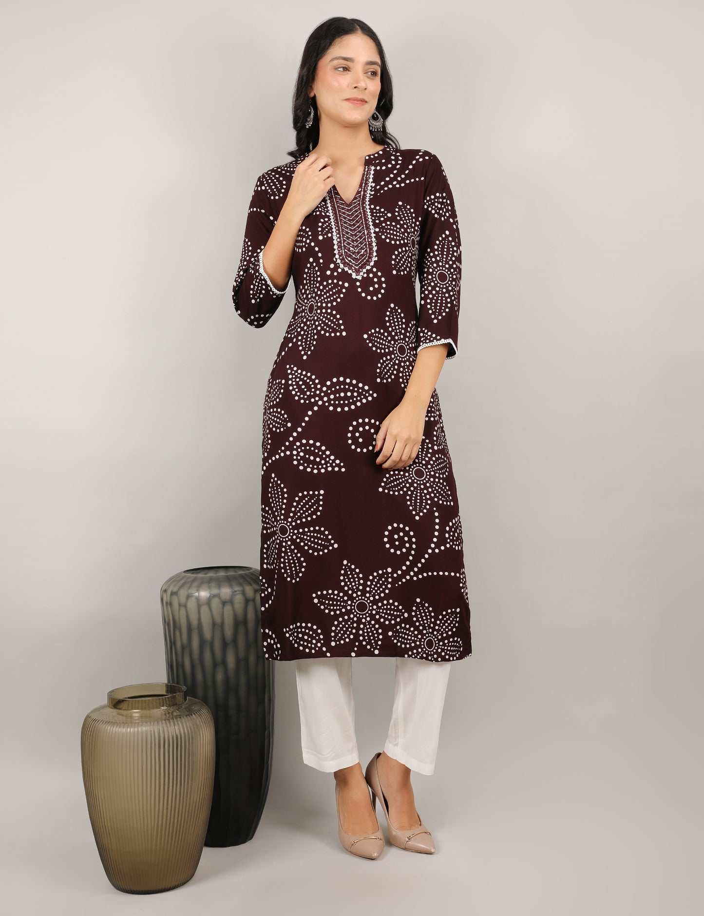COFFEE COLOUR PRINTED REYON KURTI